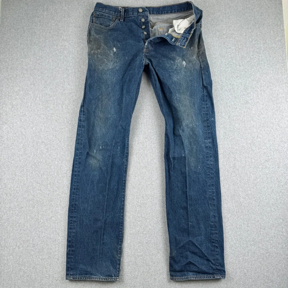 Levi's Jeans Mens 34 501 Original Blue Distressed Button Fly Straight Leg Denim